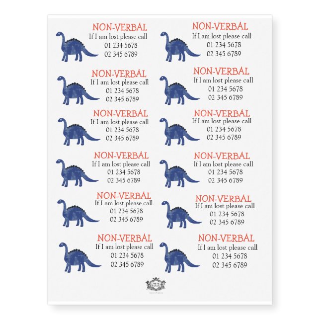 Non verbal, dinosaur, Child Safety, Contact Temporary Tattoos (Front)