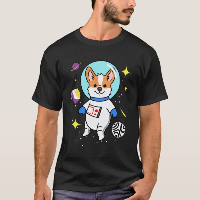 Nonbinary Corgi In Space Nonbinary Pride T-Shirt (Front)