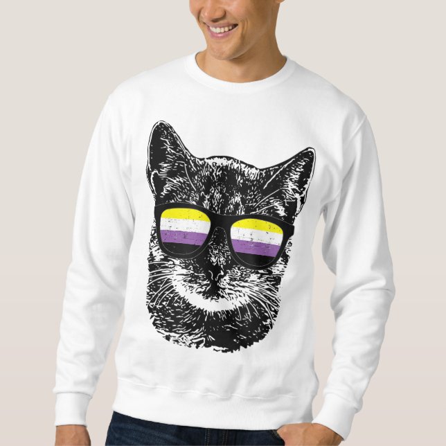 Nonbinary Gay Pride Cat LGBT Sunglasses Sweatshirt (Front)