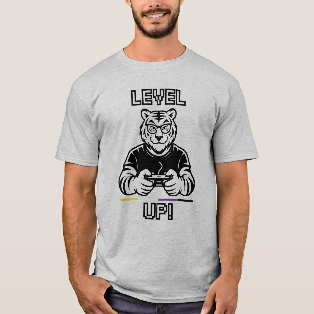 Nonbinary Gaymer Tiger Level Up Shirt Gamer Tshirt (Front)
