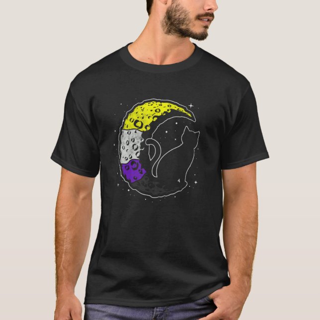 Nonbinary Moon Space Cat Lgbt Pride With Nb Non Bi T-Shirt (Front)