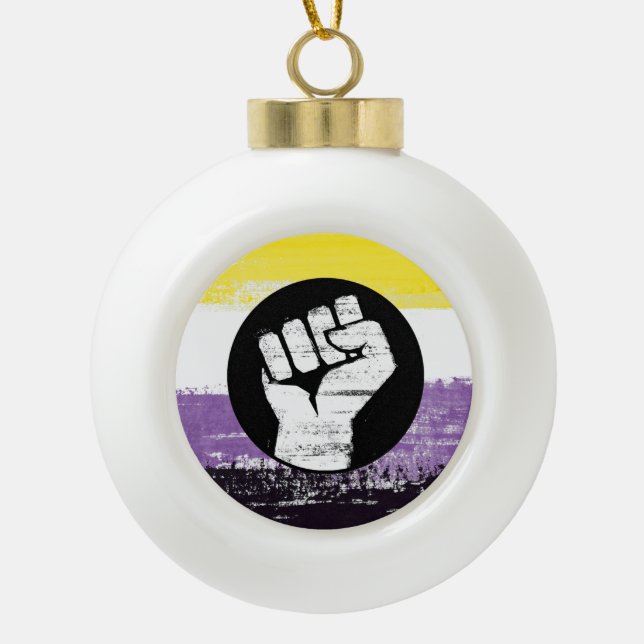 Nonbinary Painted Protest Flag Ceramic Ball Christmas Ornament (Front)