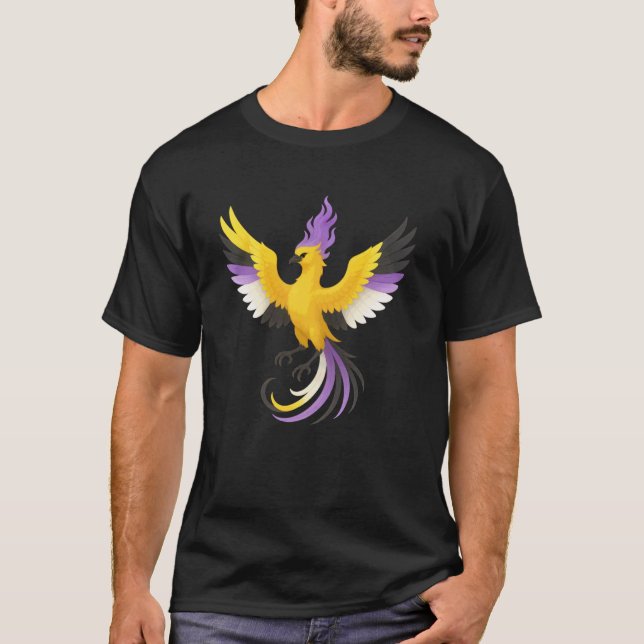 Nonbinary Phoenix Bird Enby Pride Flag Rising From T-Shirt (Front)