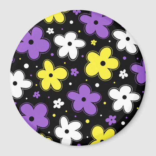 Nonbinary Pride Flag Flowers Doodle Yellow Purple Magnet