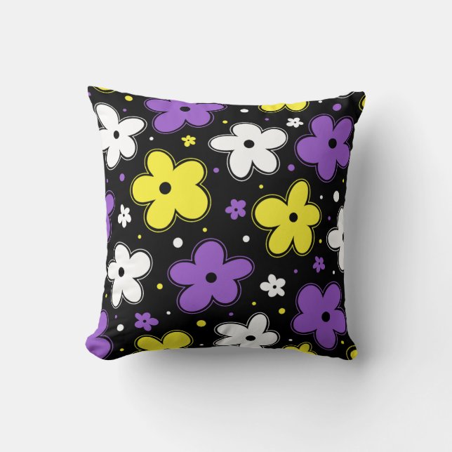 Nonbinary Pride Flag Flowers Doodle Yellow Purple Throw Pillow (Front)