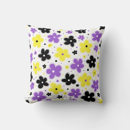 Nonbinary Pride Flag Flowers Doodle Yellow Purple Throw Pillow