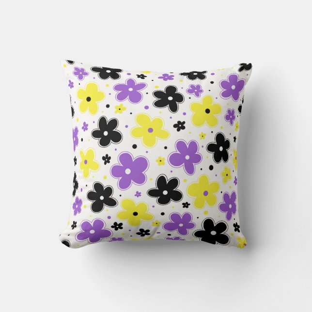 Nonbinary Pride Flag Flowers Doodle Yellow Purple Throw Pillow (Front)