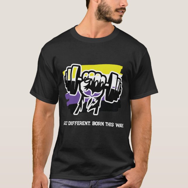 Nonbinary Pride Gym Shirt — Fist Dumbbell 2026 Tee (Front)