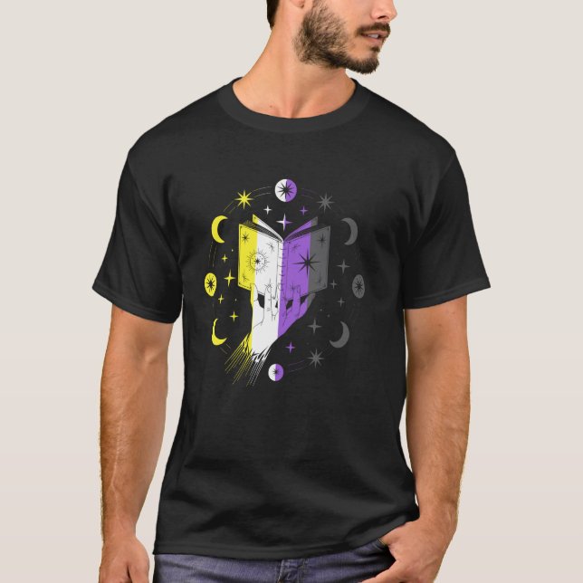 Nonbinary Pride Magic Book Non Binary LGBTQ Stars T-Shirt (Front)