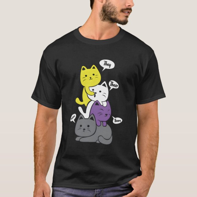 Nonbinary They Their Them Meow Non-Binary Flag Kaw T-Shirt (Front)