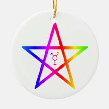 Nonbinary Transgender Rainbow Pentagram Ceramic Ornament by freepaganpages at Zazzle