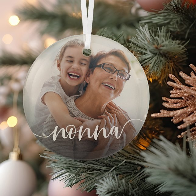 Nonna Grandma Script Overlay Glass Ornament (Creator Uploaded)