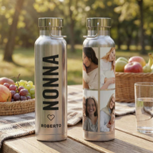 Nonna Italian Grandma 4 Photo Custom Name Silver Water Bottle