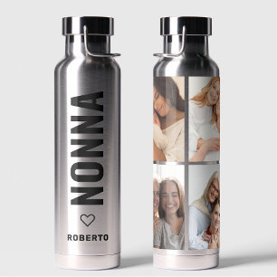 Nonna Italian Grandma 4 Photo Custom Name Silver Water Bottle