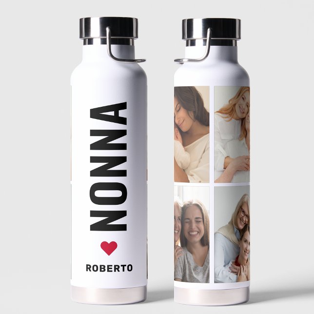 Nonna | Italian Grandma Custom Name 4 Photo Modern Water Bottle (Creator Uploaded)