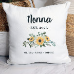 Nonna | Pretty Rustic Sunflower and Names Throw Pillow<br><div class="desc">This pretty pillow made especially for Nonna features elegant script typography, and a stylish floral bouquet of golden yellow sunflowers with pretty green leaves. Add the year she first became a grandmother, and all the grandkids' names for a beautiful keepsake she'll treasure. The back of the pillow has a matching...</div>
