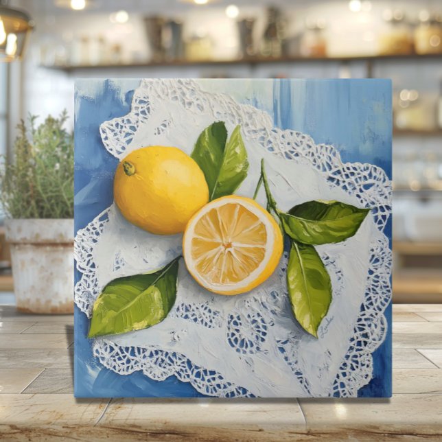 Nonna's Italian Lace & Lemons Ceramic Tile (Nonna's Lace and Lemons Ceramic Trivet - Italian nostalgia and heritage gift)