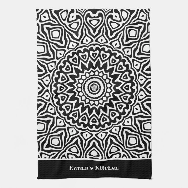 Nonna's Kitchen Black and White Mandala Pattern Kitchen Towel (Vertical)