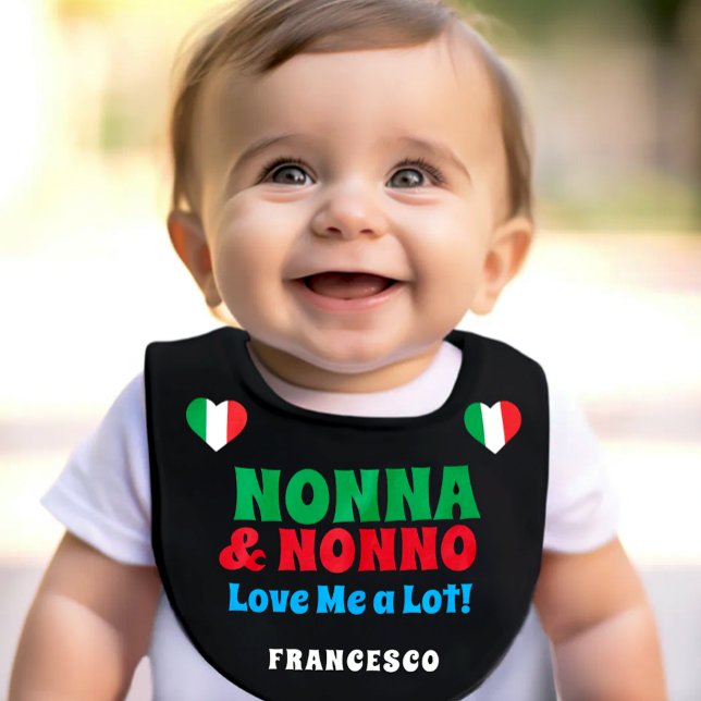 Nonno & Nonno Love Me Cute Italian Personalized Baby Bib (Black baby bib with “Nonno & Nonna Love Me a Lot,” Italian flag hearts, customizable name, and color)