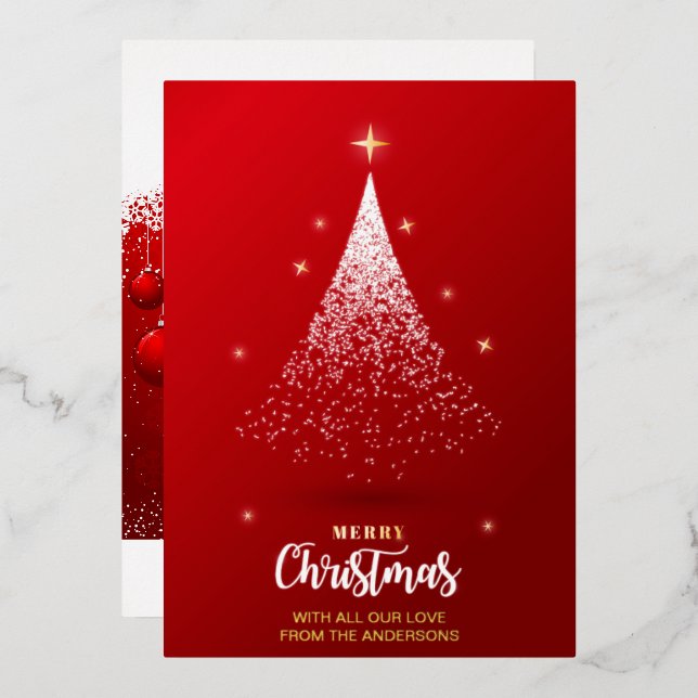 NONPHOTO CHRISTMAS GREET FESTIVE RED ELEGANT TREE  FOIL INVITATION (Front/Back)