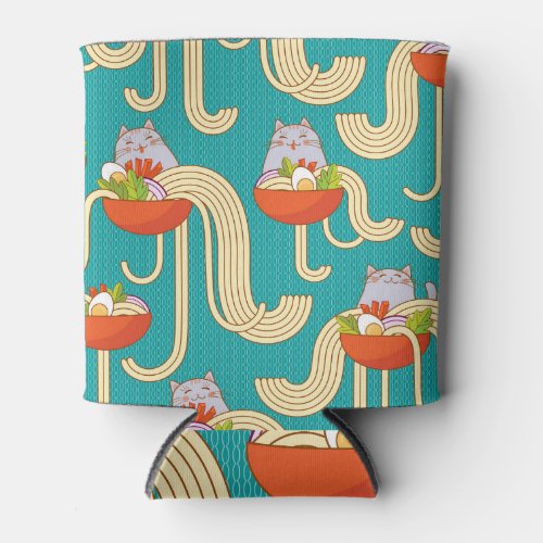 Noodles Funny Cats Turquoise Background Can Cooler