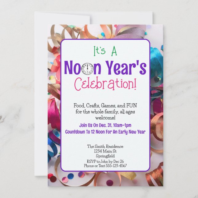 Noon Year's Eve Colorful Family Party  Invitation (Front)