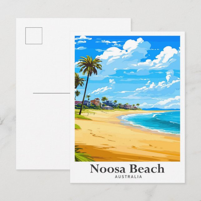 Noosa Beach Australia Vintage Travel Illustration Postcard (Front/Back)