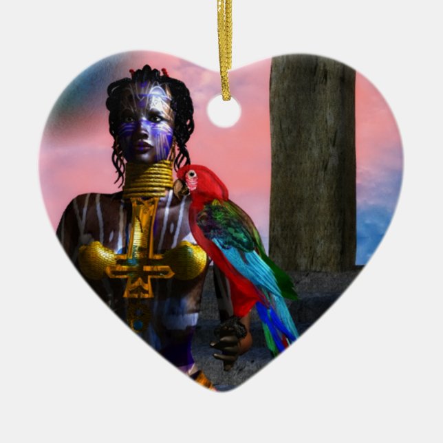 NORA CYBER WARRIOR AND MACAW Science Fiction Heart Ceramic Ornament (Front)