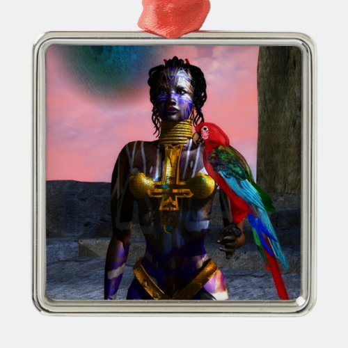 NORA CYBER WARRIOR AND MACAW Science Fiction Metal Ornament