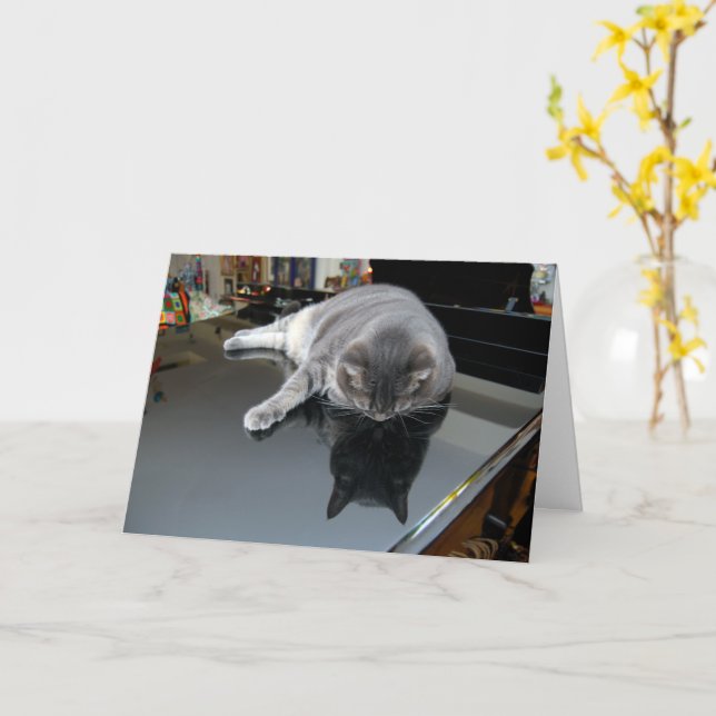 Nora The Piano Cat - Blank Folded Card - Style 006 (Yellow Flower)