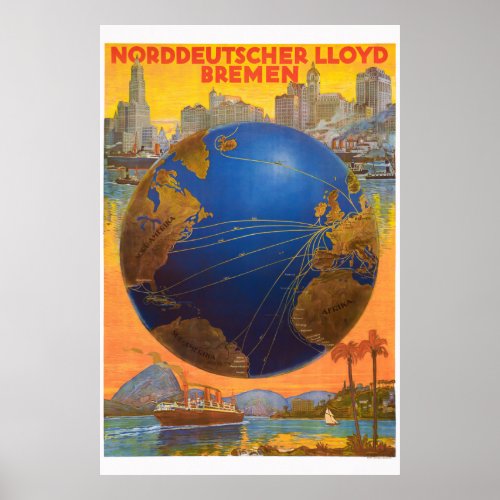 Norddeutscher Lloyd Bremen Germany 1920 Vintage Poster