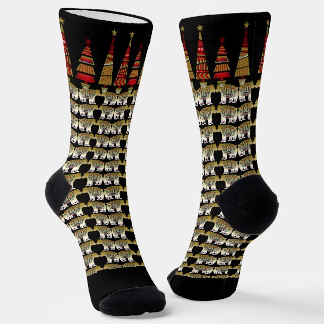 Nordic Animals Christmas Trees Golden Bear Stars  Socks (Angled)