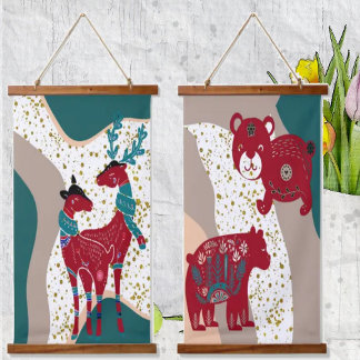 Nordic Animals Deer Couple Bear Gold Hail Boho Art Hanging Tapestry