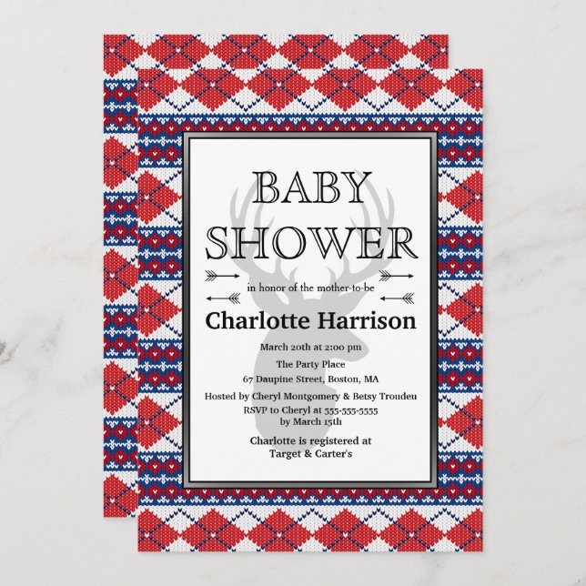 Nordic Argyle Sweater Pattern Winter Baby Shower Invitation (Front/Back)