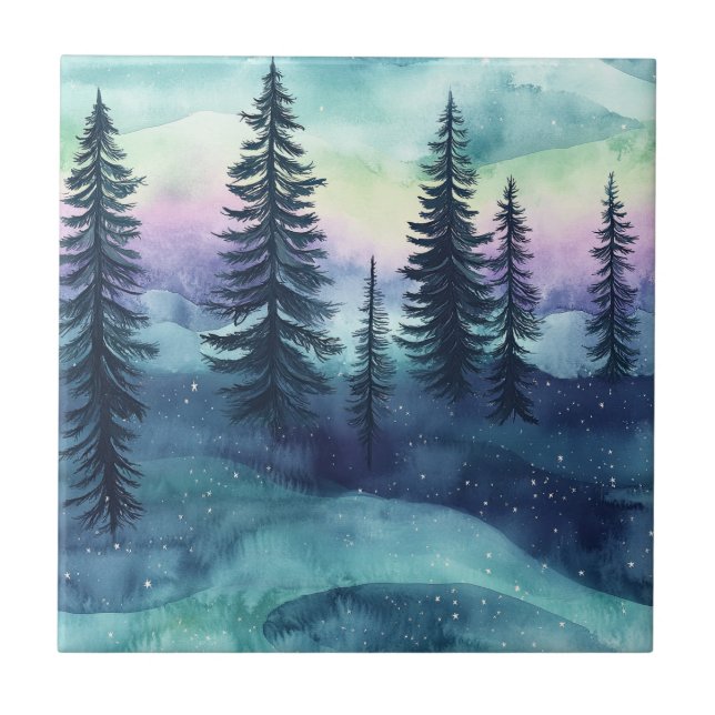 Nordic Aurora Forest Pattern Ceramic Tile (Front)