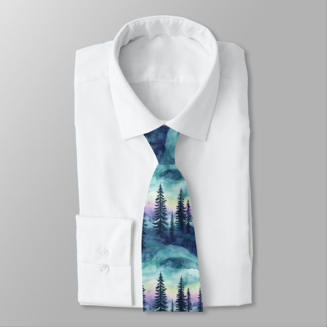 Nordic Aurora Forest Pattern Neck Tie (Tied)