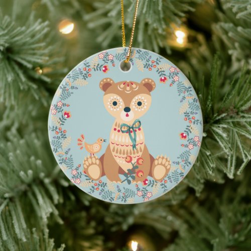 Nordic Bear Wreath Christmas Ceramic Ornament