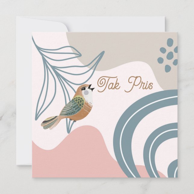 Nordic Bird and Flower Tak Pris (Thank You) Note Card (Front)