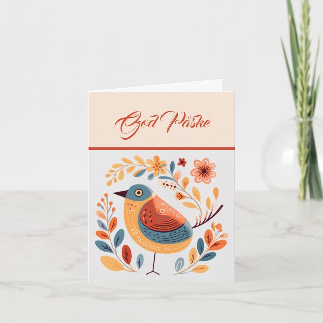 Nordic Bird Orange Yellow Turquoise God Påske  Card (Front)