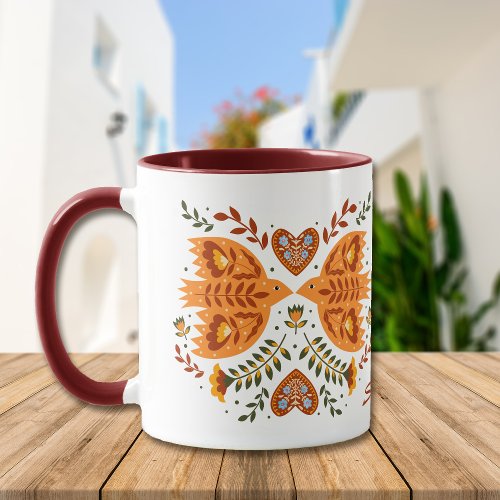 Nordic Bird Pattern in Maroon and Gold Mug