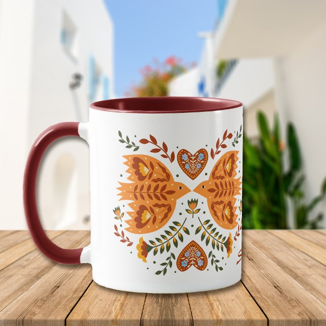 Nordic Bird Pattern in Maroon and Gold Mug (Creator Uploaded)
