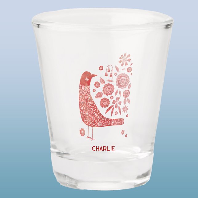 Nordic Bird Personalized Shot Glass (Scandinavian bird personalized name shot glass)