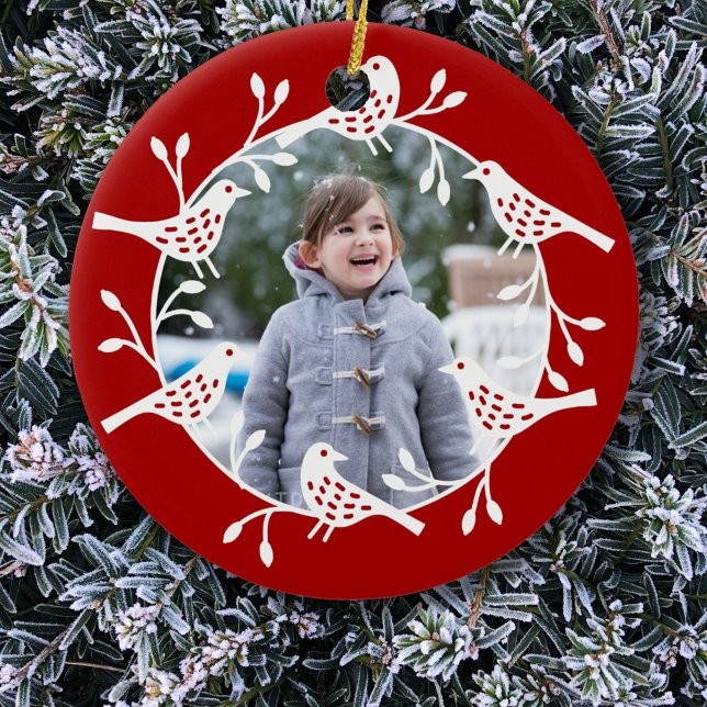 Nordic Bird Photo Ceramic Ornament (Scandinavian bird wreath red and white photo Christmas ornament)