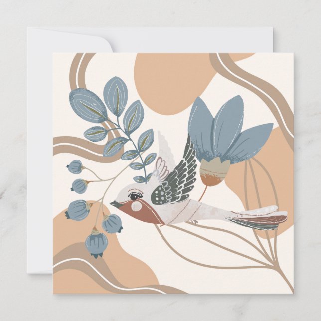 Nordic Birds and Flowers In Blue and Tan Note Card (Front)