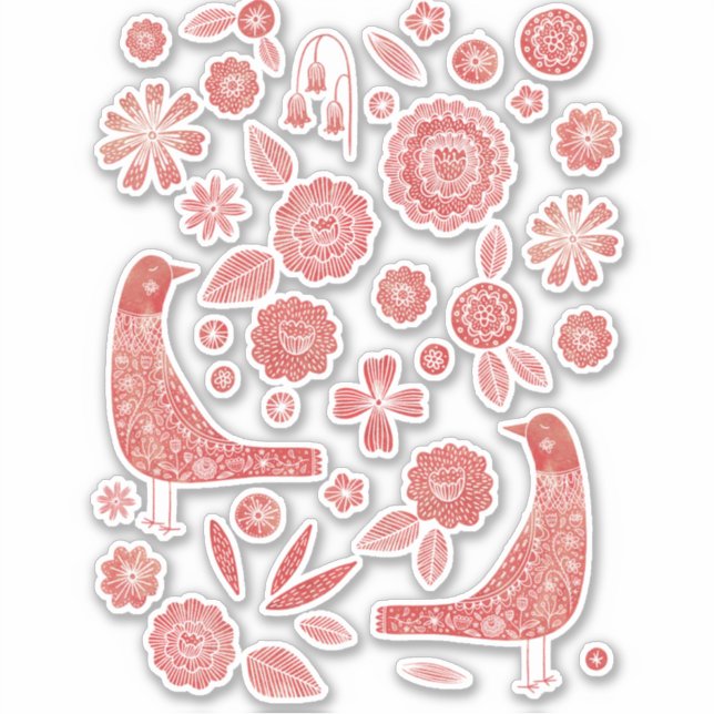 Nordic Birds and Flowers Red and White Sticker (Front)