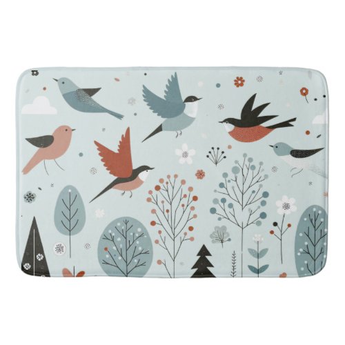 Nordic birds fly in the sky above the trees bath mat