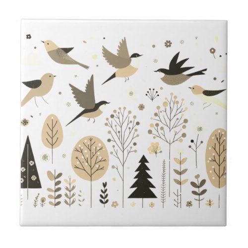 Nordic birds fly in the sky above the trees ceramic tile
