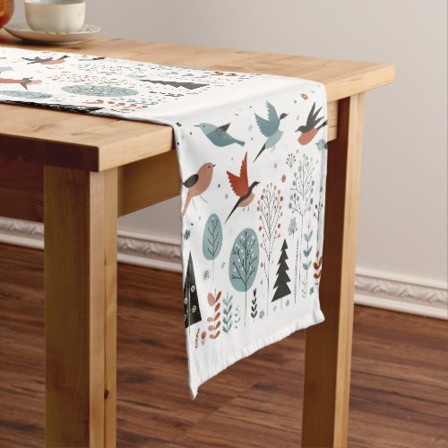 Nordic birds fly in the sky above the trees medium table runner