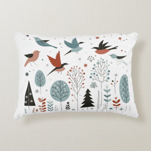 Nordic birds soaring above the trees in the sky accent pillow