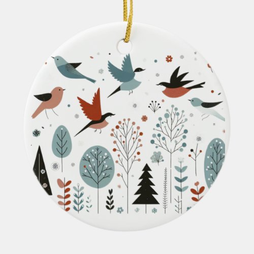 Nordic birds soaring above the trees in the sky ceramic ornament